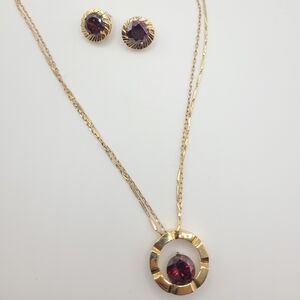 Vintage Designer Butler Gold and Ruby 2 Tier Chain with Pendant and Earrings
